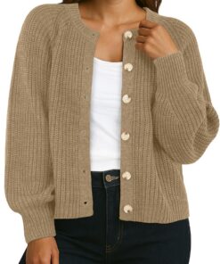 GRECERELLE Cárdigan de punto para mujer, manga larga, cárdigan grueso, elegante, cárdigan informal, cuello redondo, suéter de punto de gran tamaño, suéter informal con botones, otoño, invierno
