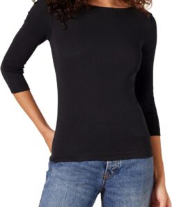 Amazon Essentials Mujer Camiseta de Manga 3/4 y Escote Barco de Corte Estrecho
