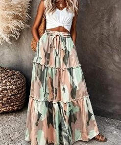 Falda larga de cintura alta con estampado floral para mujer