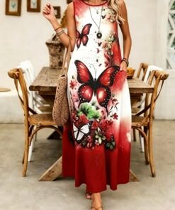 Vestido largo para mujer, sin mangas, cuello redondo, ajuste holgado, estampado de rayas onduladas rojas y verdes, estilo bohemio