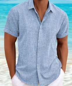 Camisas de lino para hombre, de manga corta, casuales, con botones, para playa, verano, boda