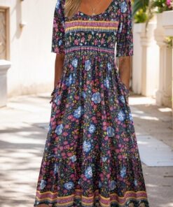 Vestido de verano bohemio para mujer, vestido midi con estampado floral, acampanado, casual, manga corta, vestido de playa con bolsillos