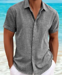Camisas de lino para hombre, de manga corta, casuales, con botones, para playa, verano, boda