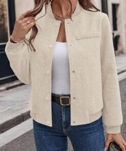 Chaqueta bomber beige para mujer, cuello alto, con botones, abrigo corto casual con bolsillo en el pecho, Blanco sucio, S-M
