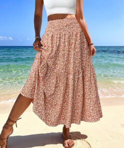 Falda de verano para mujer, acampanada, con estampado floral, cintura alta elástica, estilo bohemio, informal, para viajes