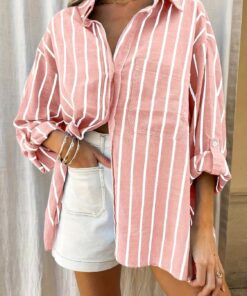 Blusa de manga larga con botones para mujer, a rayas, con cuello de camisa enrollable, de gran tamaño, para otoño