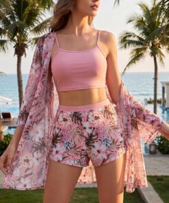 Conjunto de bikini de 3 piezas para mujer, traje de baño sexy con estampado floral tropical, traje de baño estilo playa con encaje para la playa