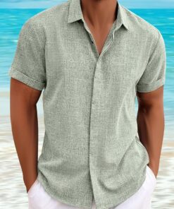 Camisas de lino para hombre, de manga corta, casuales, con botones, para playa, verano, boda