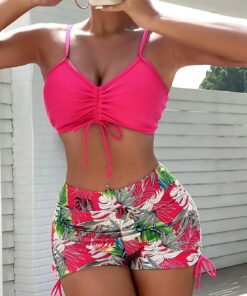 Conjunto de bikini de dos piezas de cintura alta para mujer, con volantes y cordón frontal, estampado floral, traje de baño para playa, alberca o centro turístico
