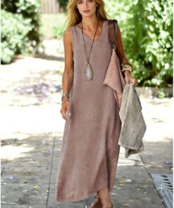 Vestido casual con cuello en V para mujer, vestido largo de lino y algodón, sin mangas, vestido de playa sin mangas