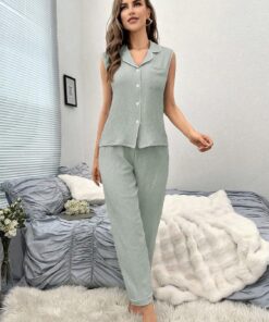 Conjunto de pijama de algodón suave con botones frontales y pantalones para mujer, ropa de dormir acogedora