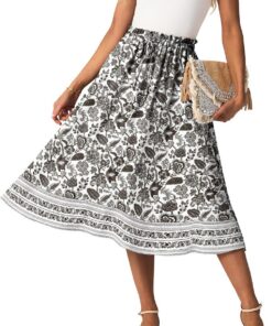 GRECERELLE Faldas midi de verano para mujer, estilo bohemio, holgadas, informales, de cintura alta, acampanadas, con bolsillos y cinturón ajustable