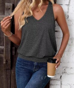 Camiseta sin mangas para mujer, casual, cuello en V, sin mangas, para verano, primavera, ajuste holgado, bonito atuendo básico 2026