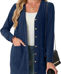 GRECERELLE Cárdigan largo para mujer, con frente abierto, ligero, acanalado, casual, cuello en V, con bolsillos, para primavera, verano y otoño