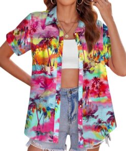tiorhooe Camisas hawaianas para mujer, diseño de árbol tropical, de manga corta, con botones, para verano, playa, vacaciones