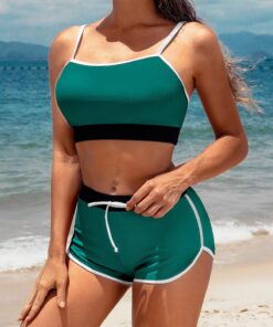 Conjunto de bikini deportivo para mujer, traje de baño deportivo de dos piezas, parte superior corta con pantalones cortos, traje de baño para niñas, Verde, XL