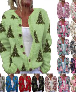 HUIFUAO - Suéteres de Navidad para mujer, divertidos estampados de árbol de Navidad, cárdigans de Navidad, suéteres de copo de nieve, suéteres de manga larga con botones, abrigos de punto novedosos