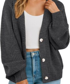 GRECERELLE Cárdigan suave de manga larga para mujer, suéter de punto con cuello en V, suéter de gran tamaño, holgado, grueso, con botones, para mujer, otoño, invierno, primavera