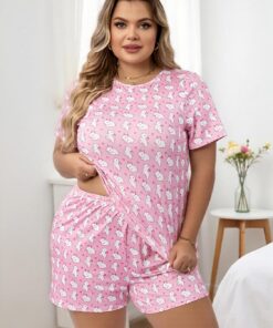 Conjunto de pijama para mujer de talla grande, suave, sedoso, manga corta, ropa de dormir de dos piezas, ropa de descanso ligera para el hogar y el verano