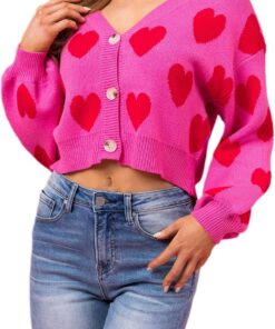 Sexy Outfit Cárdigans de Punto para el día de San Valentín para Mujer, Lindo Estampado de corazón, Manga Larga con Botones, suéteres cálidos, Ropa estética