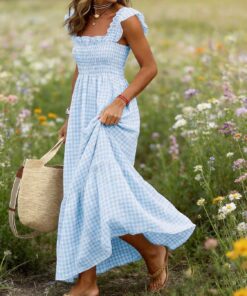 Vestido largo retro a cuadros para mujer, con tirantes delgados, volantes