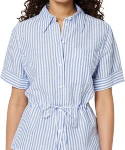 Amazon Essentials Camisa de Manga Ancha con Mezcla de Lino de Corte Holgado con Cintura Ajustable Mujer