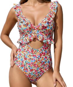 Traje de baño de una pieza para mujer, control de abdomen, estampado floral, ribete de volantes, recortado, listo para vacaciones, playa, vacaciones, piscina, fiesta