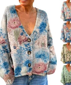 HUIFUAO - Cárdigan bohemio para mujer, talla grande, cuello en V, vintage, colorido, estampado floral, cárdigans para otoño e invierno, suéteres de imitación de moda, abrigos de manga larga con