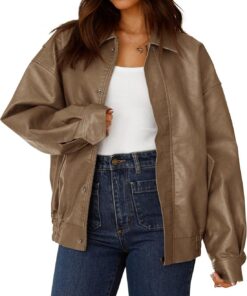 PRETTYGARDEN Chaqueta de motociclista de piel sintética para mujer, ropa de otoño y primavera, abrigo de invierno de gran tamaño con cremallera