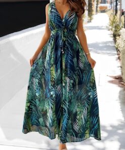 Vestido largo de verano para mujer, sexy, con cuello en V, sin mangas, bohemio, vestido de verano para mujer, vestido largo de playa con vuelo, casual