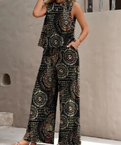 Conjunto casual de verano para mujer, sin mangas, cuello redondo, pantalones de pierna ancha, adecuado para uso diario, Negro, Large