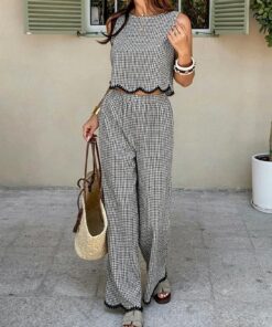 Conjunto de 2 piezas a cuadros para mujer, camiseta sin mangas y pantalones de pierna ancha a juego, casual, verano, vacaciones, conjuntos de descanso con bolsillos