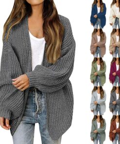 HUIFUAO - Cárdigan de manga farol para mujer, de gran tamaño, grueso, punto trenzado, frente abierto, cárdigans a la moda, suelto, color liso, ropa de abrigo, gris oscuro, Small