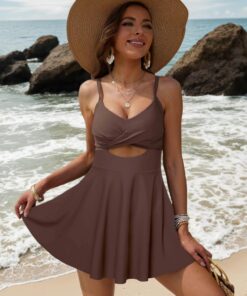 Traje de baño de una pieza con falda recortada para mujer, cuello en V, lazo en la espalda, traje de baño con control de abdomen
