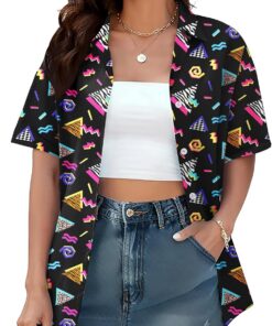 Camisa hawaiana de los años 80 y 90 para mujer, estilo retro, fiesta, discoteca, neón, ropa de los años 80, blusas con botones