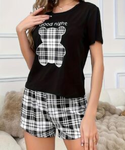 Conjunto de pijama de 2 piezas para mujer, ropa de dormir de manga corta, pantalones cortos a cuadros, ropa de dormir con estampado lindo para el hogar, descanso, verano, relajación