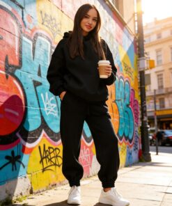 Conjunto de sudadera con capucha y pantalón deportivo de gran tamaño para mujer, ropa de descanso de forro polar de dos piezas para descansar y correr, A-Negro, S