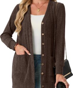 GRECERELLE Cárdigan largo para mujer, con frente abierto, ligero, acanalado, casual, cuello en V, con bolsillos, para primavera, verano y otoño