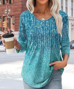 Blusa de manga 3/4 para mujer, cuello redondo, estilo casual, plisada, holgada