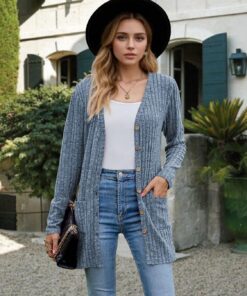 Suéter de punto para mujer, para primavera, otoño, manga larga, frente abierto, cárdigan de punto, ligero, casual, con bolsillos