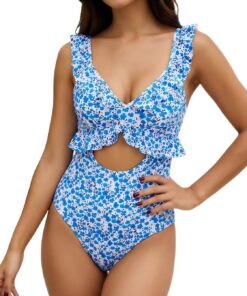 Traje de baño de una pieza para mujer, control de abdomen, estampado floral, ribete de volantes, recortado, listo para vacaciones, playa, vacaciones, piscina, fiesta