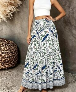 Falda larga de cintura alta con estampado floral para mujer