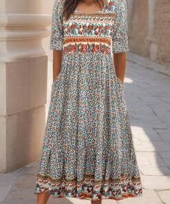 Vestido de verano bohemio para mujer, vestido midi con estampado floral, acampanado, casual, manga corta, vestido de playa con bolsillos
