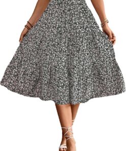 Falda midi de cintura alta elástica para mujer, casual, de verano, a la moda, con lazo frontal, con volantes, estampado floral, falda acampanada DJ626