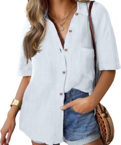 Hotouch Camisas de Mujer Camisas Casuales de Manga Corta Camisas Elegantes con Cuello en V Camisas Básicas de Color Sólido Camisas de Trabajo Tops Sueltos con Bolsillos S-XXL