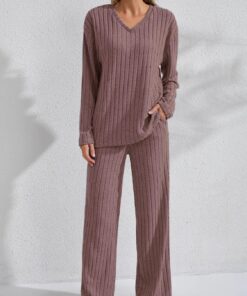 Conjunto de descanso de 2 piezas para mujer, con textura acanalada, manga larga, cuello en V y pantalones de pierna recta a juego, cómodo de llevar
