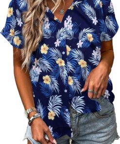 MYHALF - Camisa hawaiana para mujer, suave, fresca, de verano, con estampado floral tropical, cuello en V, camiseta de manga corta con botones