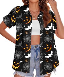 tiorhooe Camisas hawaianas para mujer, diseño de árbol tropical, de manga corta, con botones, para verano, playa, vacaciones