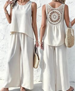 Conjunto deportivo de 2 piezas para mujer, de verano, informal, con espalda hueca, camiseta sin mangas y pantalones de pierna ancha