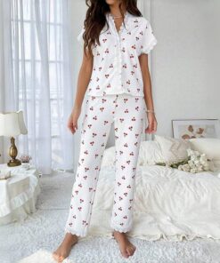 Conjunto de pijama acanalado para mujer, parte superior abotonada y pantalones largos, 2 piezas